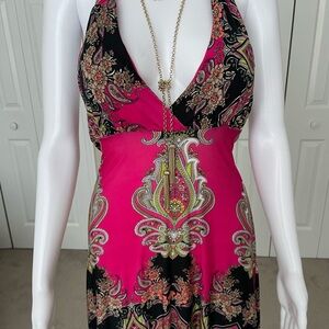 Peony Vibrant Pink and Black Halter Dress open back